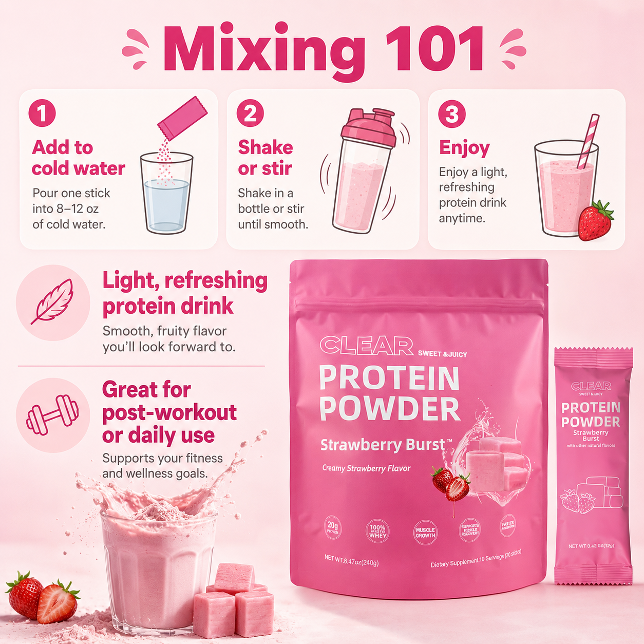 Strawberry Burst Clear Protein Powder | 20g Grass-Fed Whey Isolate | Light & Juicy Protein Drink