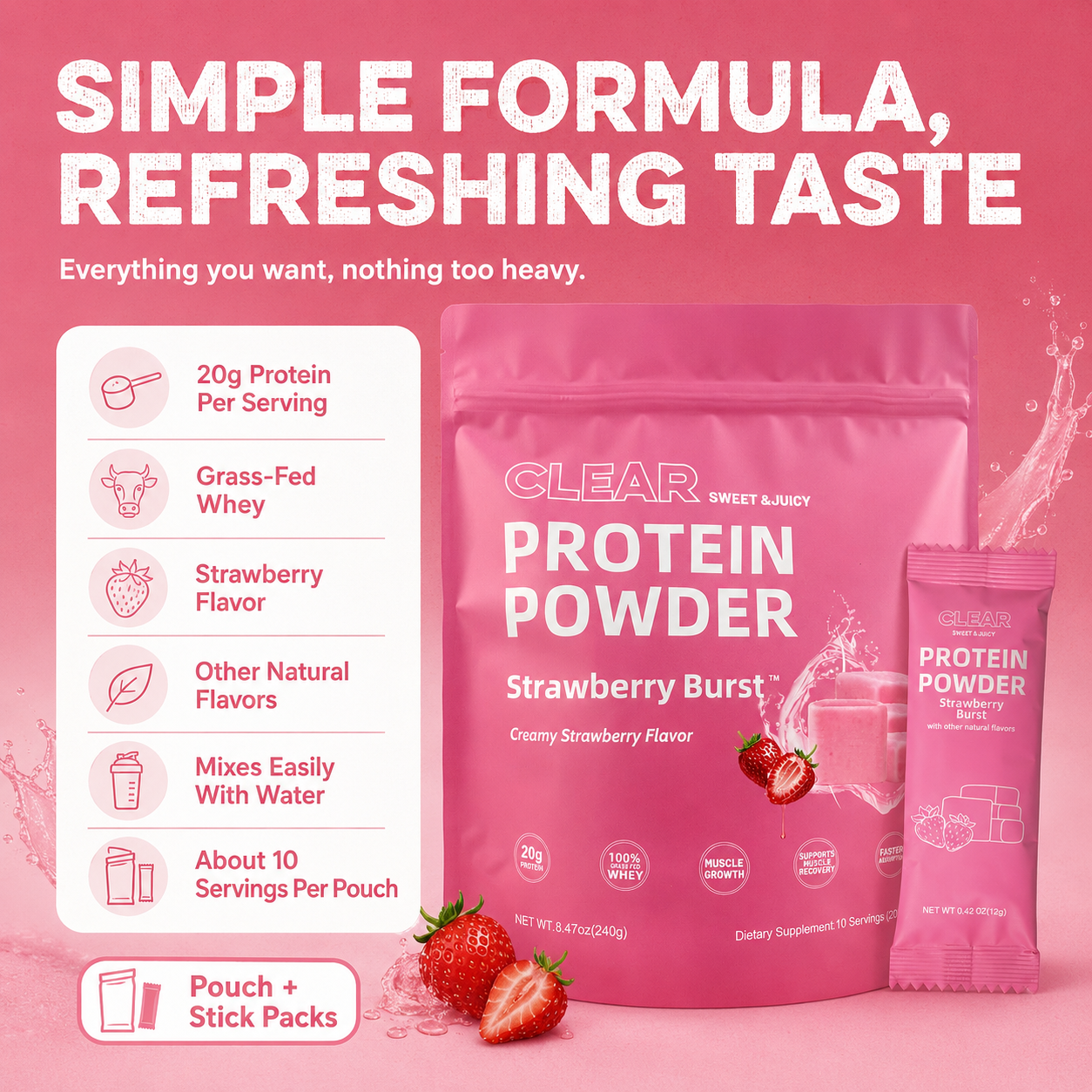 Strawberry Burst Clear Protein Powder | 20g Grass-Fed Whey Isolate | Light & Juicy Protein Drink
