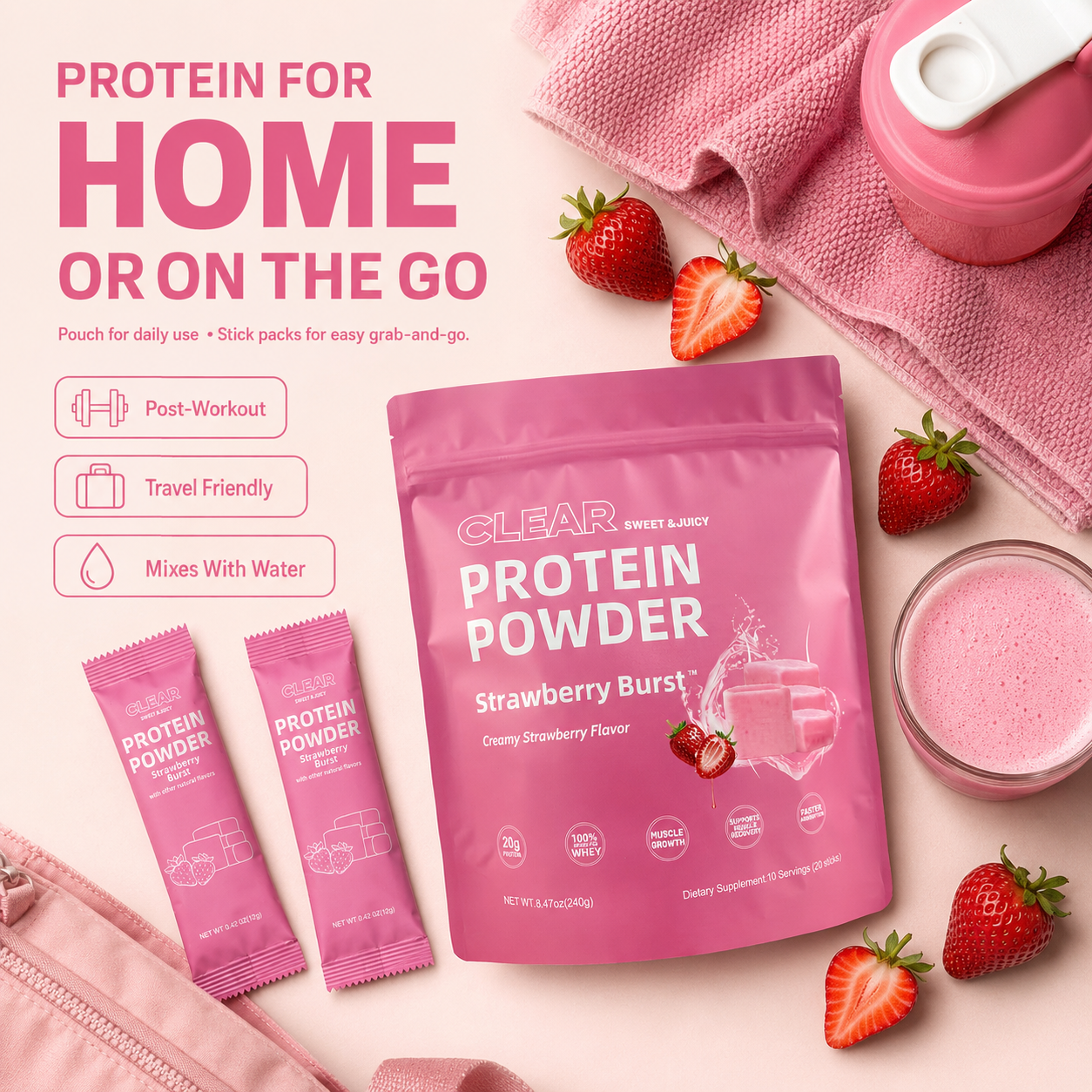 Strawberry Burst Clear Protein Powder | 20g Grass-Fed Whey Isolate | Light & Juicy Protein Drink