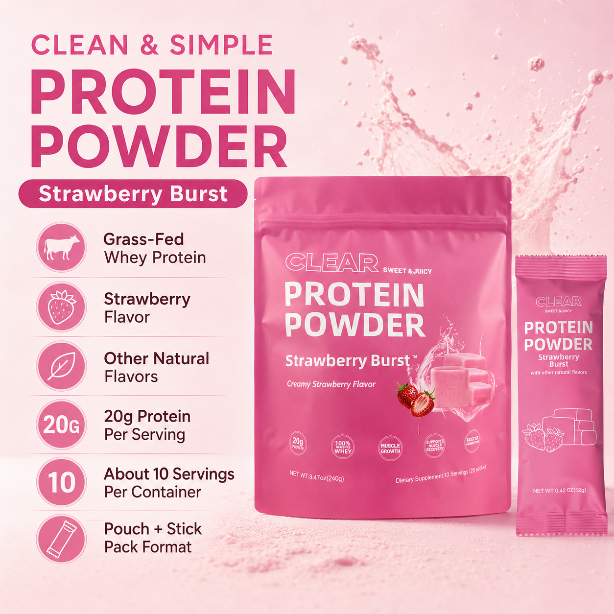 Strawberry Burst Clear Protein Powder | 20g Grass-Fed Whey Isolate | Light & Juicy Protein Drink