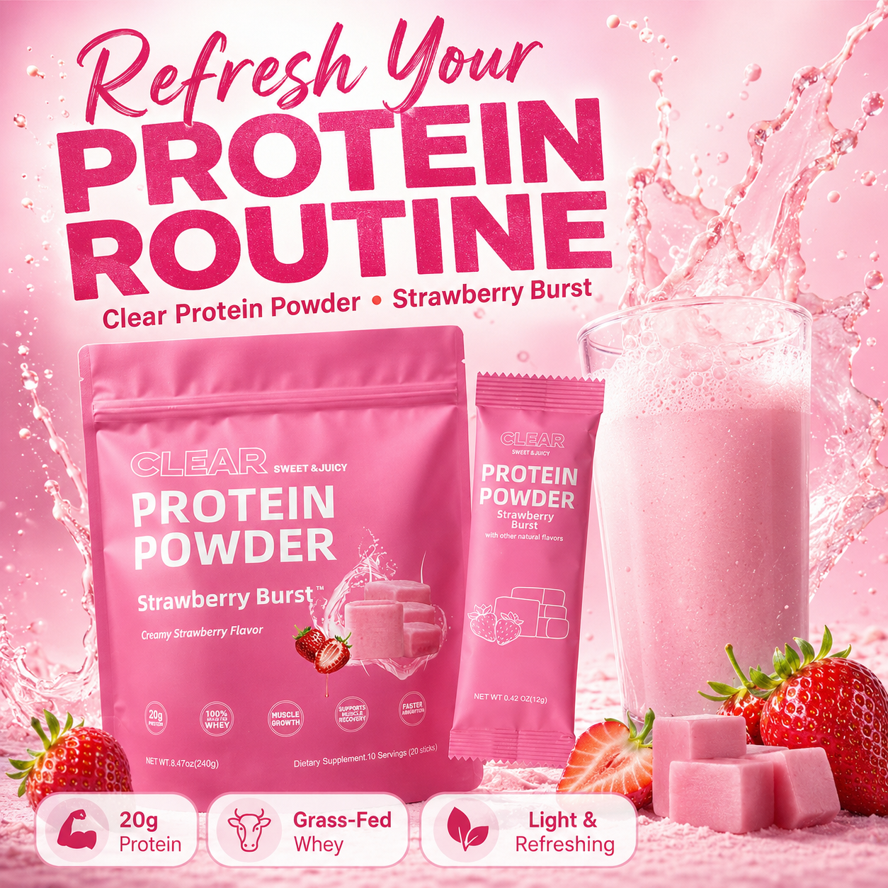 Strawberry Burst Clear Protein Powder | 20g Grass-Fed Whey Isolate | Light & Juicy Protein Drink